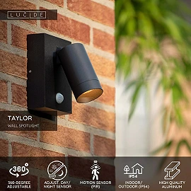 TAYLOR outdoor wall spotlight 1xGU10, IP54, motion sensor, Black (Lucide)