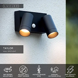 TAYLOR outdoor wall spotlight 2xGU10, IP54, motion sensor, Black (Lucide)