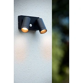 TAYLOR outdoor wall spotlight 2xGU10, IP54, motion sensor, Black (Lucide)