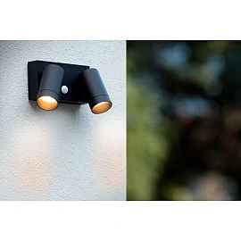 TAYLOR outdoor wall spotlight 2xGU10, IP54, motion sensor, Black (Lucide)