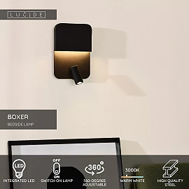 Sienas/gultas lampa BOXER LED 5W 3000K ar USB, melna (Lucide)