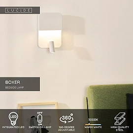 Sienas/gultas lampa BOXER LED 5W 3000K ar USB, balta (Lucide)