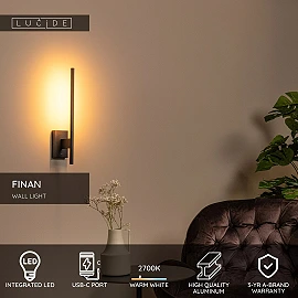 FINAN LED wall light 6 W 2700 K with USB-C black (Lucide)