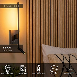 FINAN LED wall light 6+3 W 2700 K with USB-C black (Lucide)