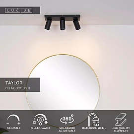 TAYLOR bathroom ceiling spotlight 3xGU10, IP44, Black (Lucide)