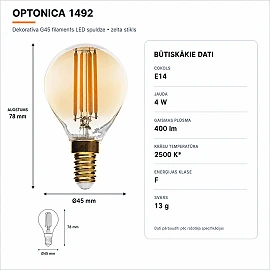 G45 filament LED bulb E14 4W 400lm 2500K golden glass (Optonica 1492)