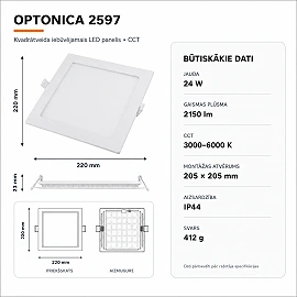 Square recessed LED panel 24W 2150lm CCT white IP44 (Optonica 2597)