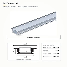 Recessed aluminium LED strip profile with white cover, 2 m (Optonica 5192)