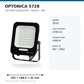 LED outdoor floodlight, black, 30W, 2700lm, 4500K, IP65 (Optonica)