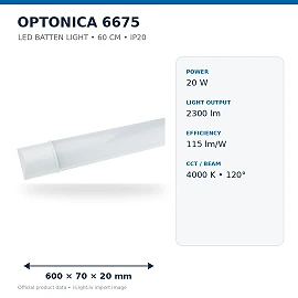 LED batten light 60 cm, 20W, 2300lm, 4000K, IP20 (Optonica)