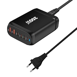 200W USB charger with EU plug, 4x USB-C + 2x USB-A, black (Optonica)