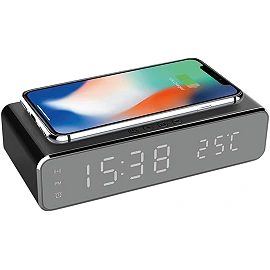 Wireless charger clock with thermometer, USB and alarm, black (Optonica)