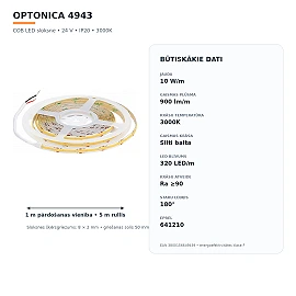 COB LED strip 24V 10W/m 900lm/m 3000K IP20, 1 m (Optonica 4943)