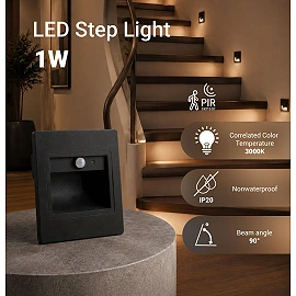 LED step light 1W, 80lm, 3000K, IP20, black with PIR sensor (Optonica 7555)