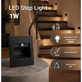 LED step light 1W, 80lm, 4000K, IP20, black with PIR sensor (Optonica 7556)