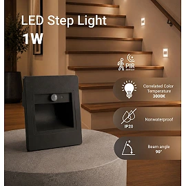 LED step light 1W, 80lm, 3000K, IP20, grey with PIR sensor (Optonica 7557)