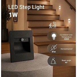 LED step light 1W, 80lm, 4000K, IP20, grey with PIR sensor (Optonica 7558)