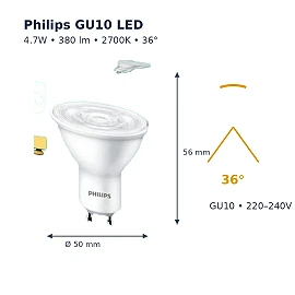 GU10 LED bulb, 4.7W, 380lm, 2700K, 36°, non-dimmable (Philips)