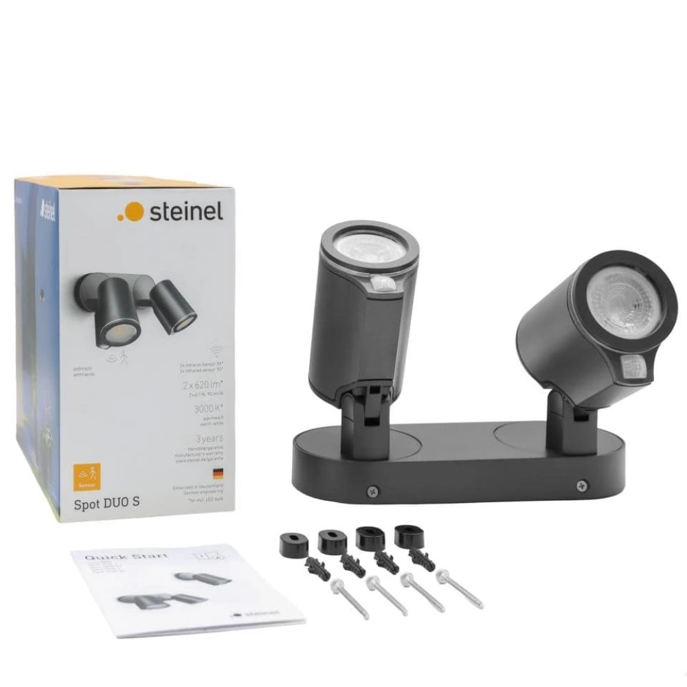 STEINEL Spot DUO S — twin wall spotlight with PIR, 2x GU10, anthracite, IP44, 3000K