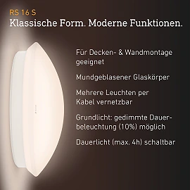 STEINEL RS 16 S Glass iekštelpu LED sensorplafons, 9,3 W, 918 lm, 3000 K, balts — 035105