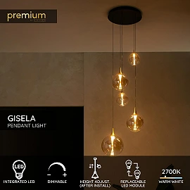 GISELA piekaramā lampa Ø57 cm, 5 LED moduļi 2700K, dzintara stikls (Lucide)