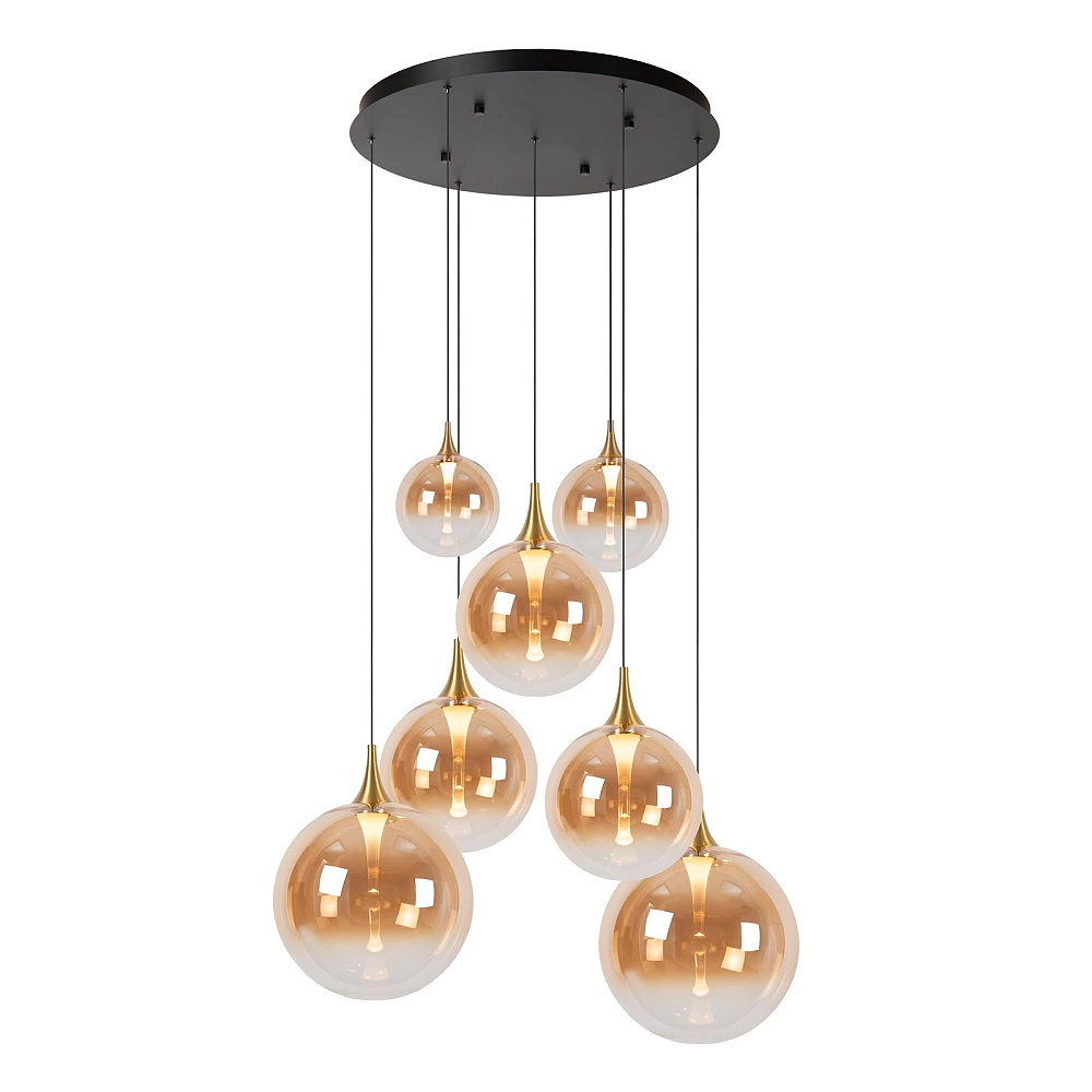 GISELA pendant light Ø84 cm, 7 LED modules 2700K, amber glass (Lucide)