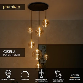 GISELA pendant light Ø84 cm, 7 LED modules 2700K, amber glass (Lucide)