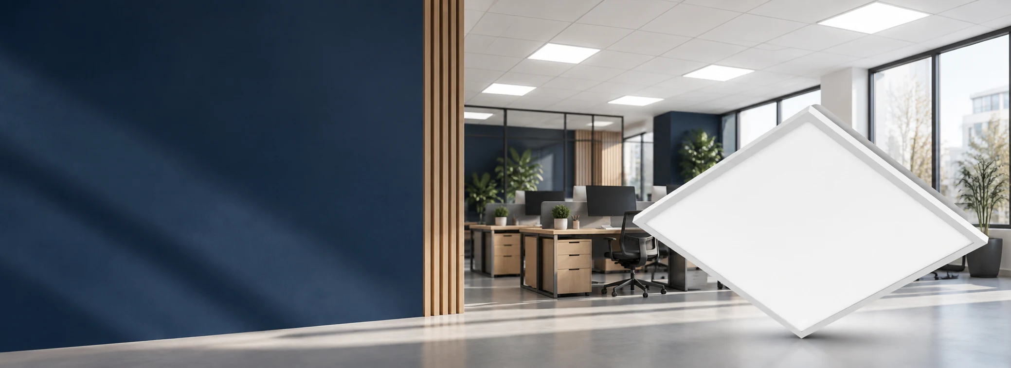 OPTONICA 60 × 60 cm LED panelis biroja interjera vizualizācijā